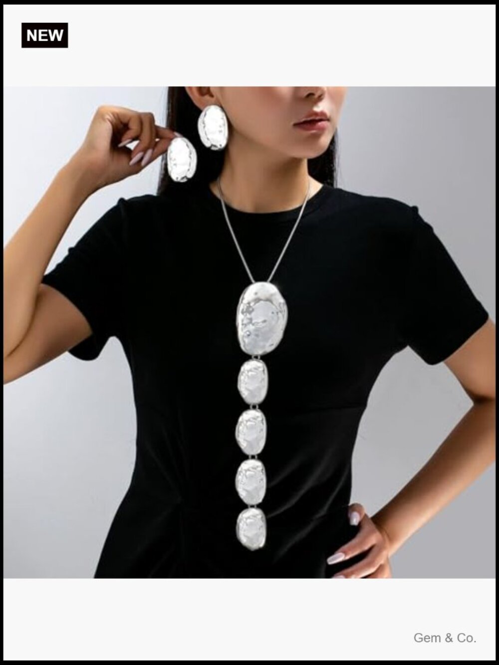 Long Oval Y Necklace Earring Set Hammered Geometric Statement Jewelry - Picture 3 of 7